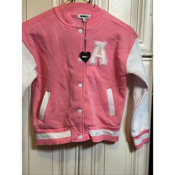 Nova Kids Girls Button-up Mini Bronx Shawty Varsity Bomber Jacket Pink Sz 10 NWT - Picture 1 of 12
